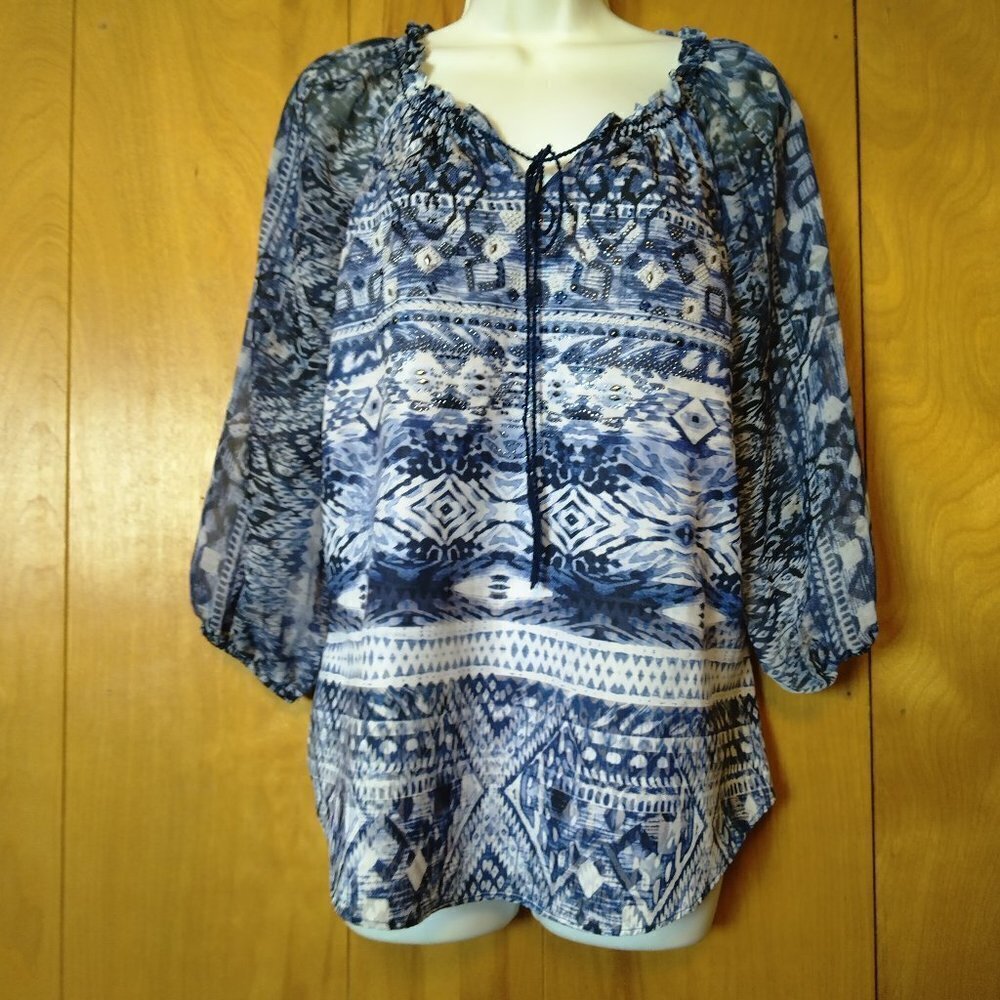 Dress Barn Size Small 3/4 Sleeve Semi-Sheer Beaded Pullover Blouse Boho Peasant